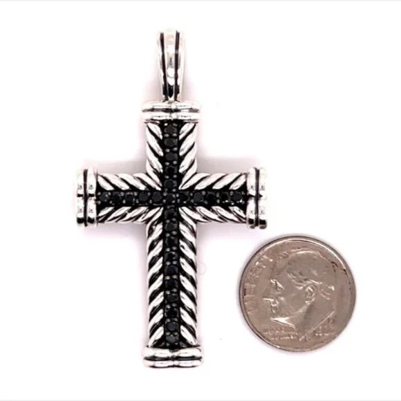 David Yurman Authentic Estate Black Diamond Chevron Silver Cross Pendant DY323 - Picture 4 of 8